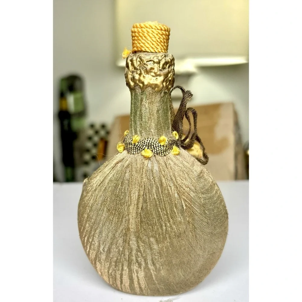 Vintage Gold Wrapped Decanter Bottle Faux Yellow Roses Floral Decor